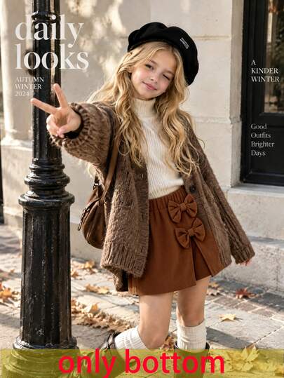SHEIN Young Girl Corduroy Elastic Waist Bow Decor Skort Brown Fall Winter