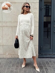 SHEIN 孕婦綠色長袖圓領休閒百搭洋裝，秋季女裝穿搭 - 白色 - 查看 2