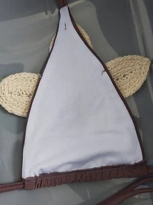 SHEIN Swim 女款夏季海灘 3D 花卉裝飾掛脖綁帶性感時尚比基尼兩件式泳衣套裝（微三角） - 棕色 - 查看 6