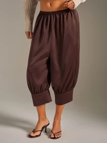 Athîral Women's Casual Solid Color Pleated 3/4 Length Pants - Coffee Brown - View 3
