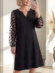 Miaspire Middle-Aged Women's Notched V-Neck Textured Dress - Black - View 4