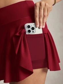 Activina 女款純色高腰口袋運動裙褲 - 酒紅色 - 查看 7