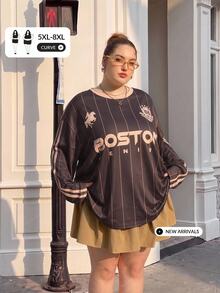 SHEIN CURVE+ 休閒簡約大尺碼女款字母條紋T恤 春秋季 - 棕色 - 查看 4