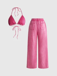 Paul Frank X ROMWE Distressed Wash Print Bikini Tank Top And Casual Loose Sweatpants 2 Pieces Set For Women, Autumn/Winter - Hot Pink - View 2