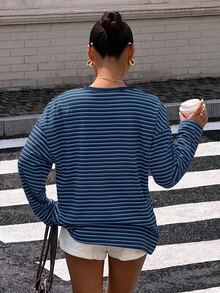 Muchica 休閒極簡藍色多巴胺條紋圓領長袖寬鬆上衣，適合夏季、秋季、日常通勤、聚會、秋冬/夏季、聖誕節、新年、感恩節、派對、婚禮、海灘、畢業典禮、優雅、外出、約會、通勤、情人節、優雅、度假、Y2K、畢業典禮及其他場合 - 彩色 - 查看 2