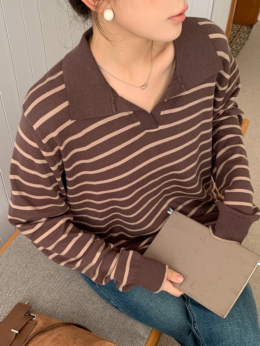 Dazy Plus Korean Style Colorblock Patchwork Preppy Versatile Brown Pullover Sweater, New Autumn/Winter - Brown - View 1