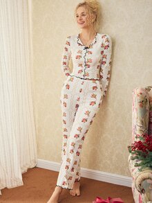 Elorette 2pcs Beige Full Body Floral & Polka Dot Print Frill Trim Romantic Sweet Women's Pajama Set - Beige - View 5