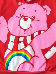 SHEIN X Care Bears 1件少女休閒百搭紅色卡通熊圖案連帽寬鬆長袖衛衣，適合日常穿著、室內、運動、拍照、假期、生日、聖誕節，秋冬適用 - 紅色 - 查看 4