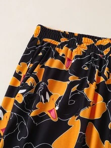LOONEY TUNES X SHEIN Men's Letter Cartoon Print Short Sleeve Top And Long Pants Casual Daily Home Wear Set - Black and White - View 6