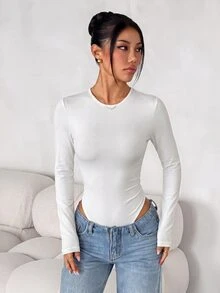 SHEIN PETITE 女款純色修身百搭日常穿著長袖連身衣，黑色，秋季極簡簡約百搭，小碼 - 白色 - 查看 3
