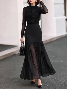Editum Women's Solid Color Stand Collar Long Sleeve Ruched Elegant Sexy Mermaid Dress Night Cocktail Black Winter/Fall Christmas - Black - View 4