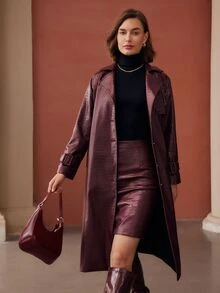 MOTF Tall WOMEN'S ELEGANT PU CROCODILE EMBOSSED TALL BODYCON SKIRT - Burgundy - View 7