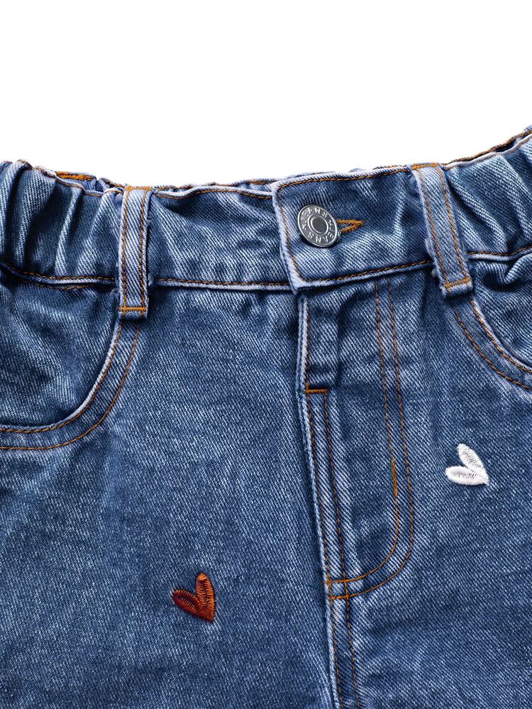 SHEIN Young Girl Fashionable Cute Street Style Heart Embroidery Loose Straight Leg Jeans Autumn Winter - Blue - View 4