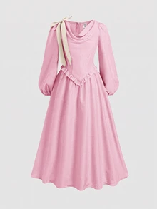 SHEIN 少女肩結設計垂領長袖荷葉邊飾洋裝 - 粉色 - 查看 2