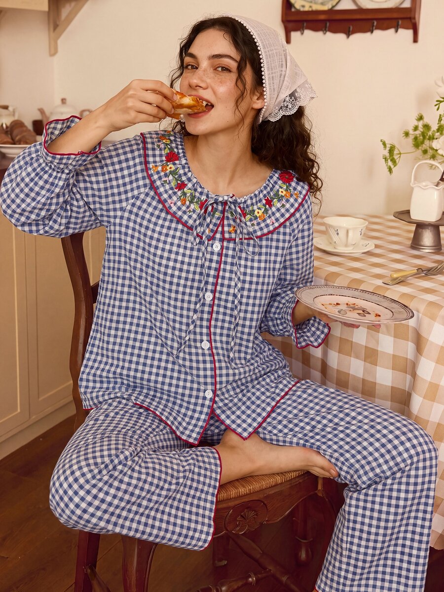 Tulorae French Plaid Women's Pajama Set, Casual Loose Long Sleeve Long Pants Loungewear For Spring And Autumn - Multicolor - View 1