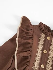 SHEIN Tween Girl Woven Contrast Color Lace Ruffle Collar Casual Dress - Coffee - View 8