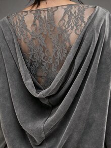Freevana Blusa vintage de manga larga con cuello barco, lavado ácido negro, patchwork de encaje floral, espalda con capucha, talla grande, para otoño - Gris Oscuro - Ver 8