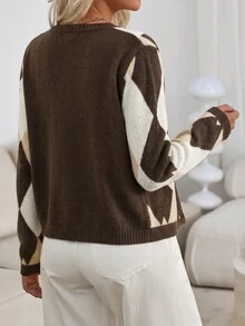 Pariaura 女款春秋休閒學院風優雅拼色菱格紋開襟衫 秋冬女裝 辦公穿搭 棕色與白色 - 棕色 - 查看 2