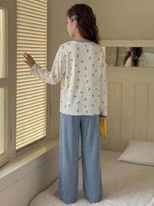 Dazy Kids Tween Girl) Long Sleeve T-Shirt Floral Contrast V-Neck Loose Basic Top + Pants 2 Pieces Set, Casual Home Wear For Autumn - Baby Blue - View 2