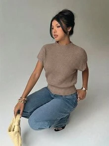 Aloruh 女款休閒通勤簡約純色漏斗領蝙蝠袖寬下擺針織上衣 - 駝色 - 查看 7