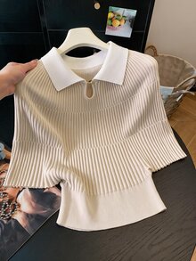 Muvela Women's Cream Ribbed Knit Polo Sweater – Elegant Collared Long Sleeve Pullover Top Chic Basic Christmas Back To School Festival New Year Party - Apricot - View 7