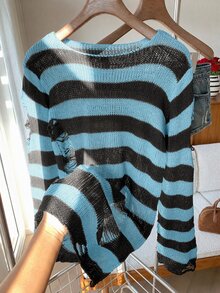 SHEIN EZwear 條紋破洞設計針織毛衣，長袖上衣，秋冬款 - 藍色 - 查看 1