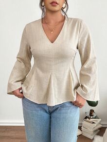 Lounesse Plus Size Women's Solid Color V-Neck Long Sleeve Waist-Cinching Casual Blouse - Apricot - View 4