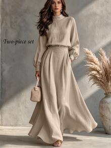 Trelyra Casual Minimalist Stand Collar Long Sleeve 2 Pieces Set Khaki Color Autumn/Winter New Style Suitable For Office Commute/Daily Wear Elegant Women's Set - Khaki - View 6