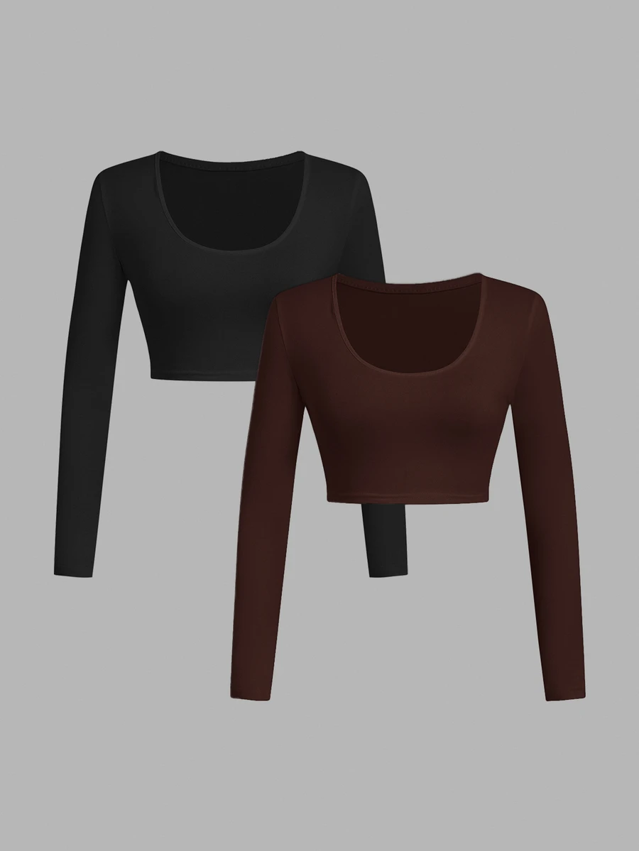 SHEIN SXY 2pcs Women's Casual Minimalist Modest Basic Solid Color Cropped T-Shirt, Autumn Basic Tees Gym Black White - Coffee Brown - View 1