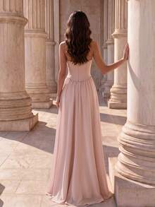 Coutiva Women's Pearl Chiffon Patchwork Wedding Rehearsal Dinner Bridal Getting Ready Dress With Rhinestone Strip Front Panel, Formal Gown Winter Elegant - Dusty Pink - View 3