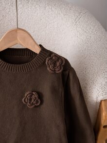 SHEIN 少女甜美3D花朵針織毛衣，圓領花瓣袖荷葉邊下擺短款長袖套頭上衣，兒童針織衫 - 棕色 - 查看 3