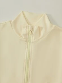 SHEIN 少女風淺藍色3件套，立領夾克＋細肩帶背心＋緊身褲，修身溫柔優雅休閒運動賽車健身秋季酷女孩可愛風 - 黃色 - 查看 4