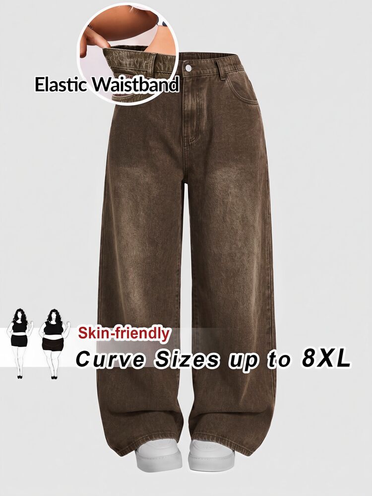 SHEIN CURVE+ Plus Size Washed High Waist Wide Leg Jeans, Black Summer Smart Casual Everyday Denim Pants With Pockets, Casual Minimalist Basic For Office Vacation - Brown - View 1
