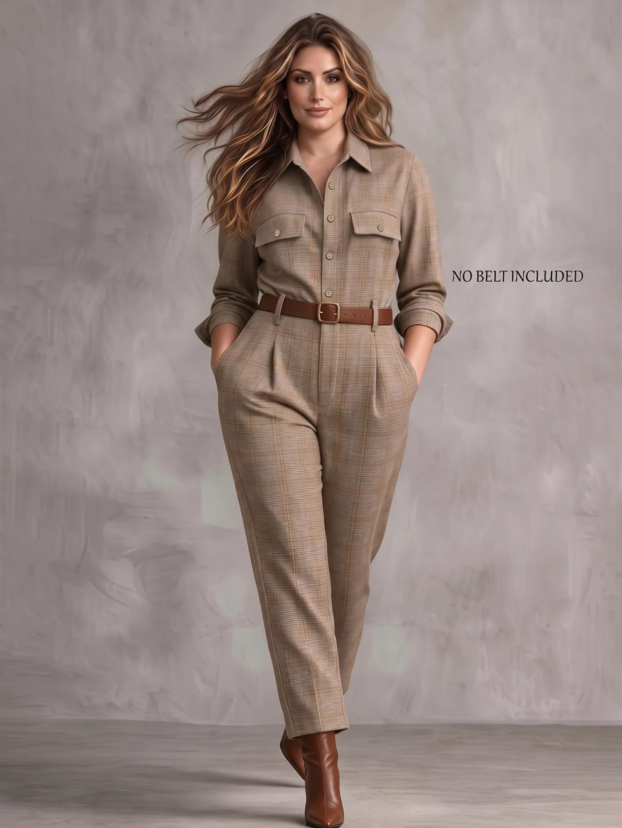 Linhara CURVE Plus Size Woven Fashionable Check Pattern Autumn Women's One-Piece Pants - Brown - View 1