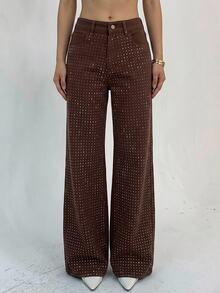 DAZY Women's Loose Wide Leg Casual Denim Jeans With Pockets And Rhinestone Embellishment - Brown - View 8