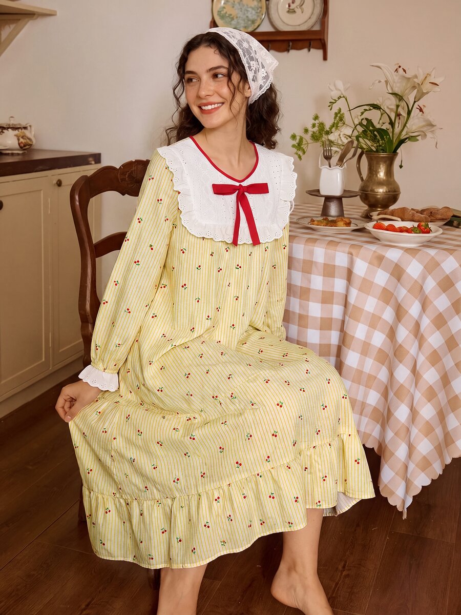 Tulorae Women's Spring/Autumn Long Sleeve Cherry Print Sweet Korean Style Pajama Set - Yellow - View 1