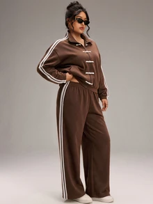 SHEIN BASICS Plus Size Frog Button Long Sleeve Jacket And Striped Pants With Pockets 2 Pieces Set - Brown - View 5