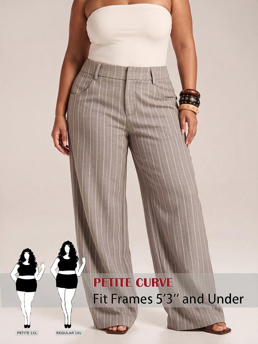 SHEIN PETITE CURVE 大尺碼女款條紋寬腿寬鬆休閒長褲 秋季 - 卡其色 - 查看 1