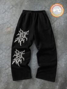 SHEIN 兒童青少年男孩休閒日常百搭舒適黑色長褲，灰色刺繡圖案印花，直筒寬鬆運動褲，適合返校、生日派對、晚會、表演、婚禮、洗禮、開學典禮等場合，適合日常穿著、學校、旅行、運動，四季皆宜 - 黑色 - 查看 2