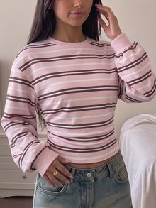 Tween女孩秋冬休閒街頭風大學復古甜美粉色與棕色條紋印花圓領抽繩收腰短版衛衣，適合秋冬，波希米亞風，Y2K - 粉色 - 查看 1
