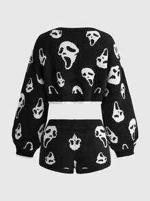 ROMWE Grunge Punk 2pcs/Set Women Leopard Print Bow Decor Sweater - Black and White - View 2