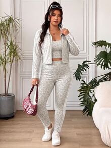 SHEIN EZwear Bộ đồ casual nữ size lớn gồm áo tank top cổ vuông khóa kéo trước họa tiết da báo và quần legging - Nhiều màu - Xem 3