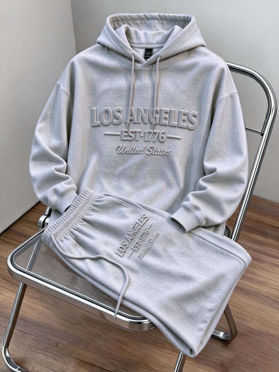 Daypath Men's Letter Embossed Hoodie & Sweatpants 2 Pieces Set - Grey - View 1