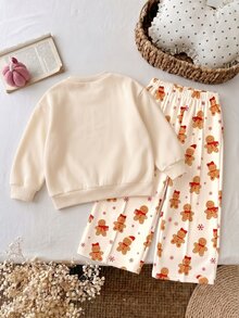 Baby Girl Gingerbread Man Print Crew Neck Sweatshirt And Wide Leg Pants Set Christmas - Multicolor - View 6