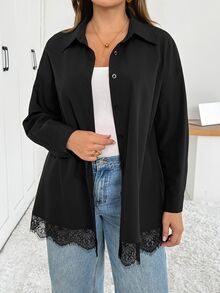 Shapeblank Women's Plus-Size Long-Sleeve Button-Down Shirt – Black, Loose & Comfortable, Featuring Lace-Trim Detailing – Stylish Casual Wear For Spring & Autumn - Black - View 4