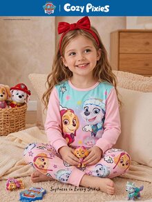 Cozy Pixies | PAW Patrol 2件組少女款 Paw Patrol 聯名粉色漸層狗狗印花圓領長袖睡衣上衣與內搭褲家居服套裝 - 粉色 - 查看 1
