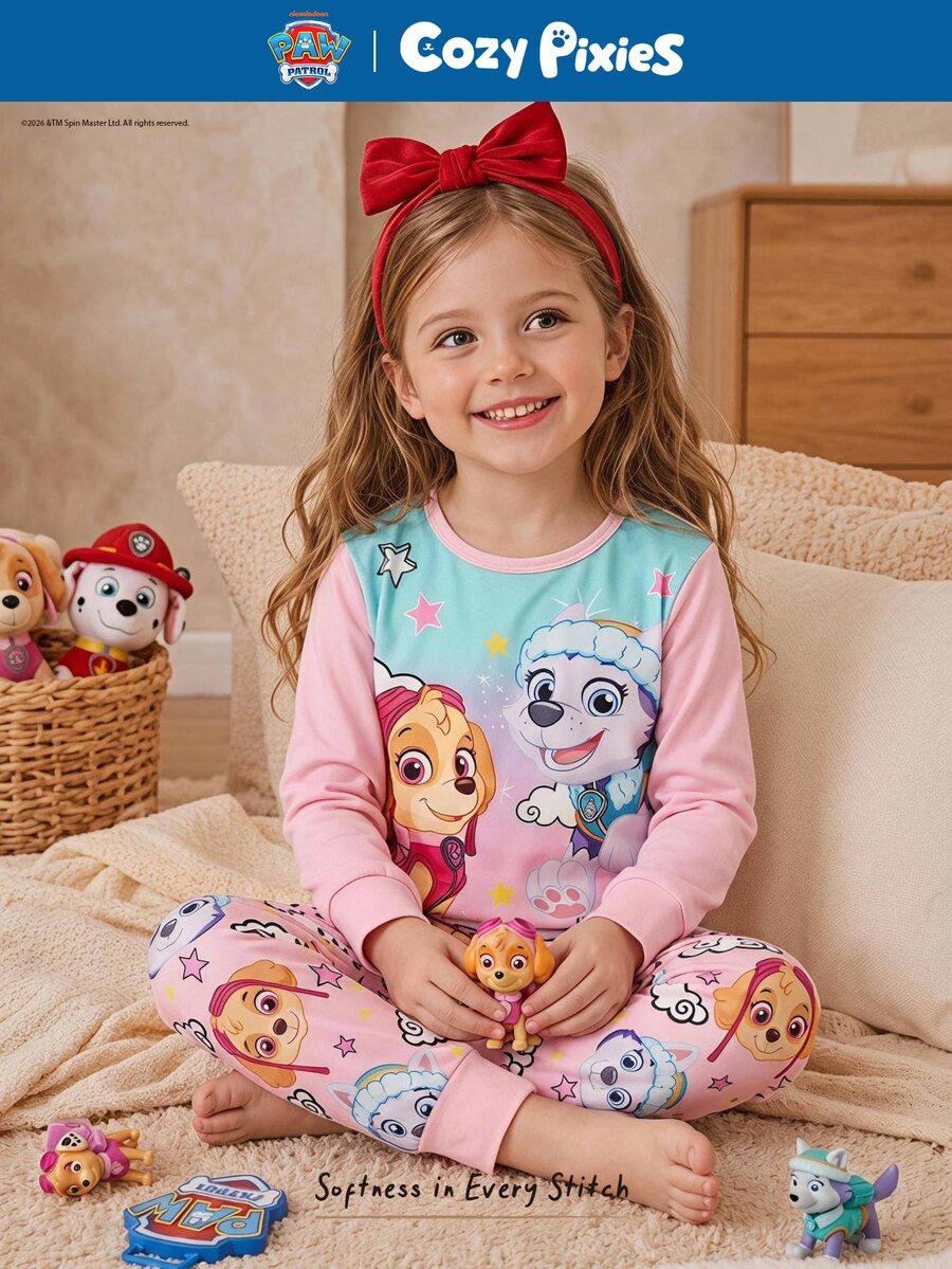 Cozy Pixies | PAW Patrol 2件組少女款 Paw Patrol 聯名粉色漸層狗狗印花圓領長袖睡衣上衣與內搭褲家居服套裝 - 粉色 - 查看 1