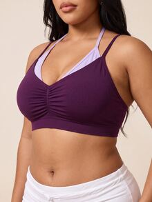 Plus Size Ruched 2 In 1 Sports Bra - Purple - View 3