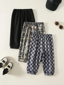 SHEIN 3件組男嬰秋冬裝飾編織標籤鬆緊腰慢跑長褲套裝，迷彩長褲，嬰兒基本運動長褲多件組 - 彩色 - 查看 2