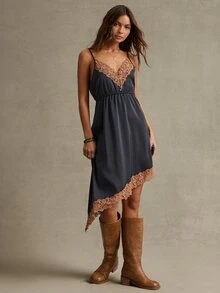 WESTFADE Lace Trim Asymmetrical Hem Midi Slip Dress, Fall, Autumn, Winter, Cowgirl, Western, Country Concert, Boho, Cute, Festival, Thanksgiving - Black - View 3